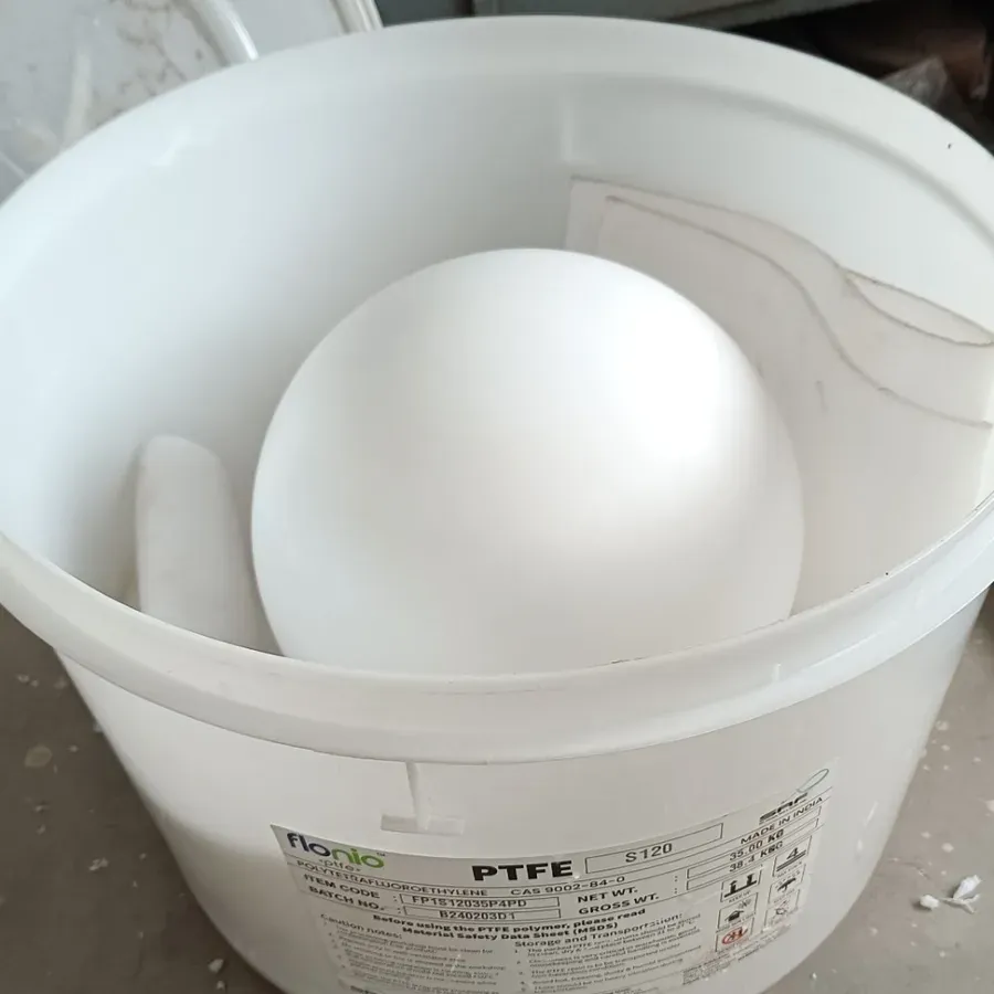 Large virgin PTFE ball in industrial bulk packaging with Flonio resin batch label at Hemsun Engg. Industries, Gujarat
